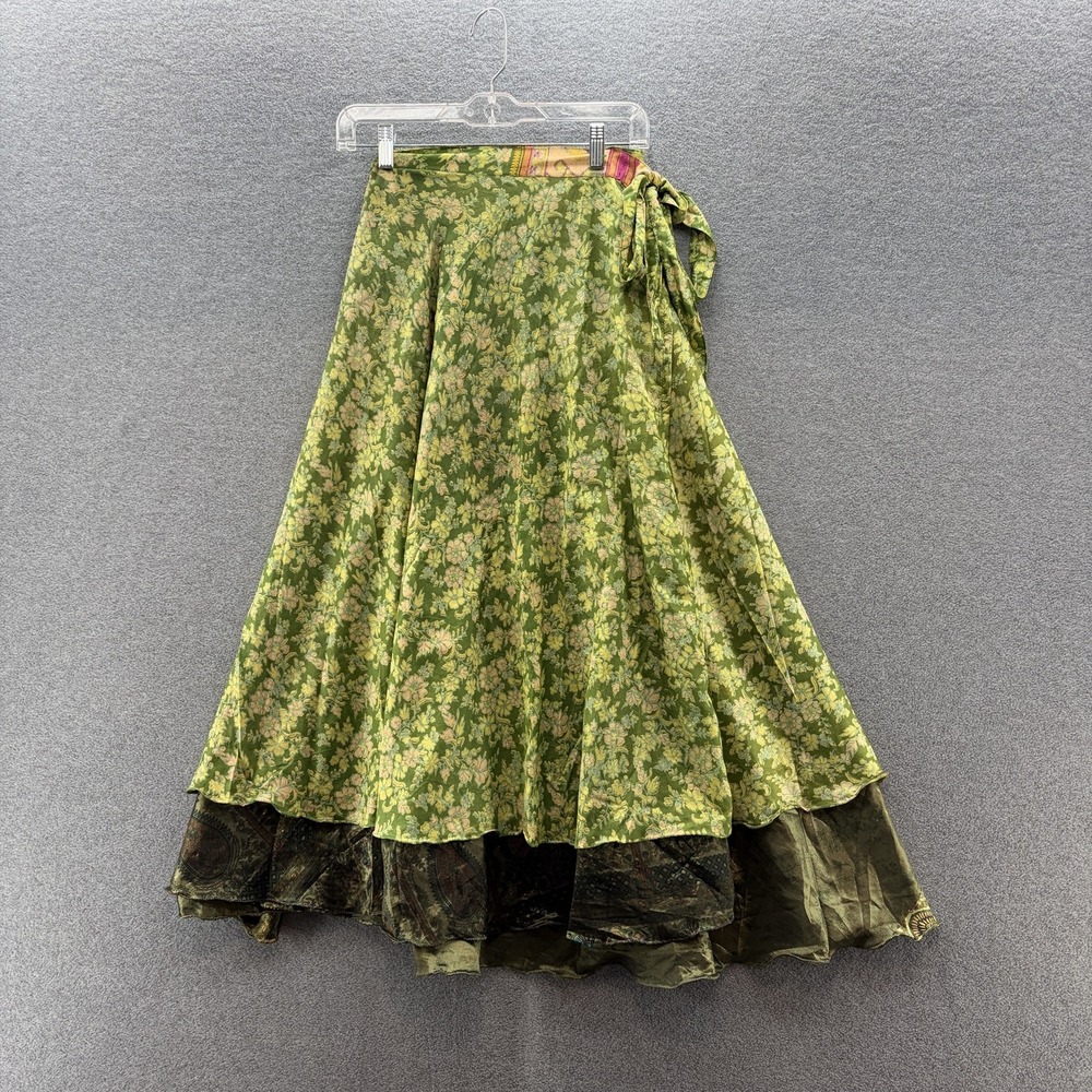 Skirt Womens One Size Green Floral Silk Wrap Layered Long Midi Boho Festival